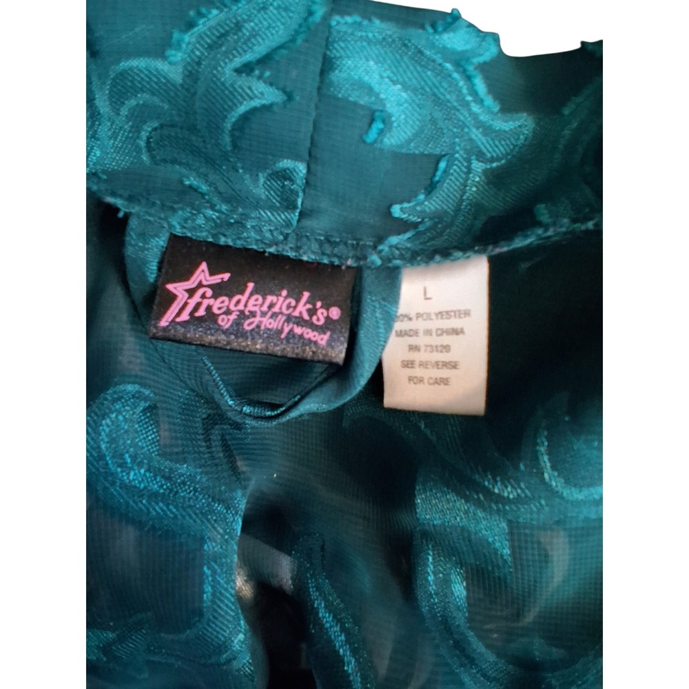 Fredericks of Hollywood Teal Sheer Mesh Lace Trim Robe Damask Scroll Vintage L‎ - Picture 3 of 12
